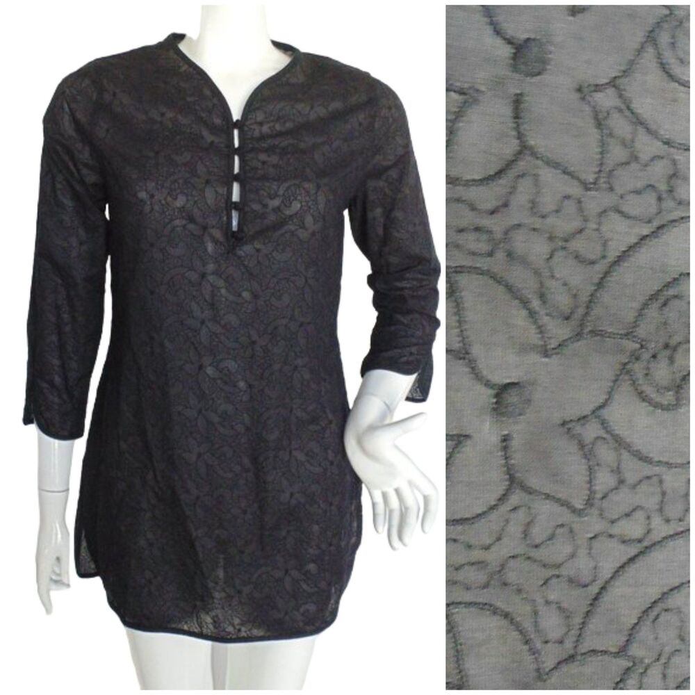ANNE FONTAINE Tunic, S/2, Black, Cotton, CHANONE, Floral, Vented, 3/4 sleeves